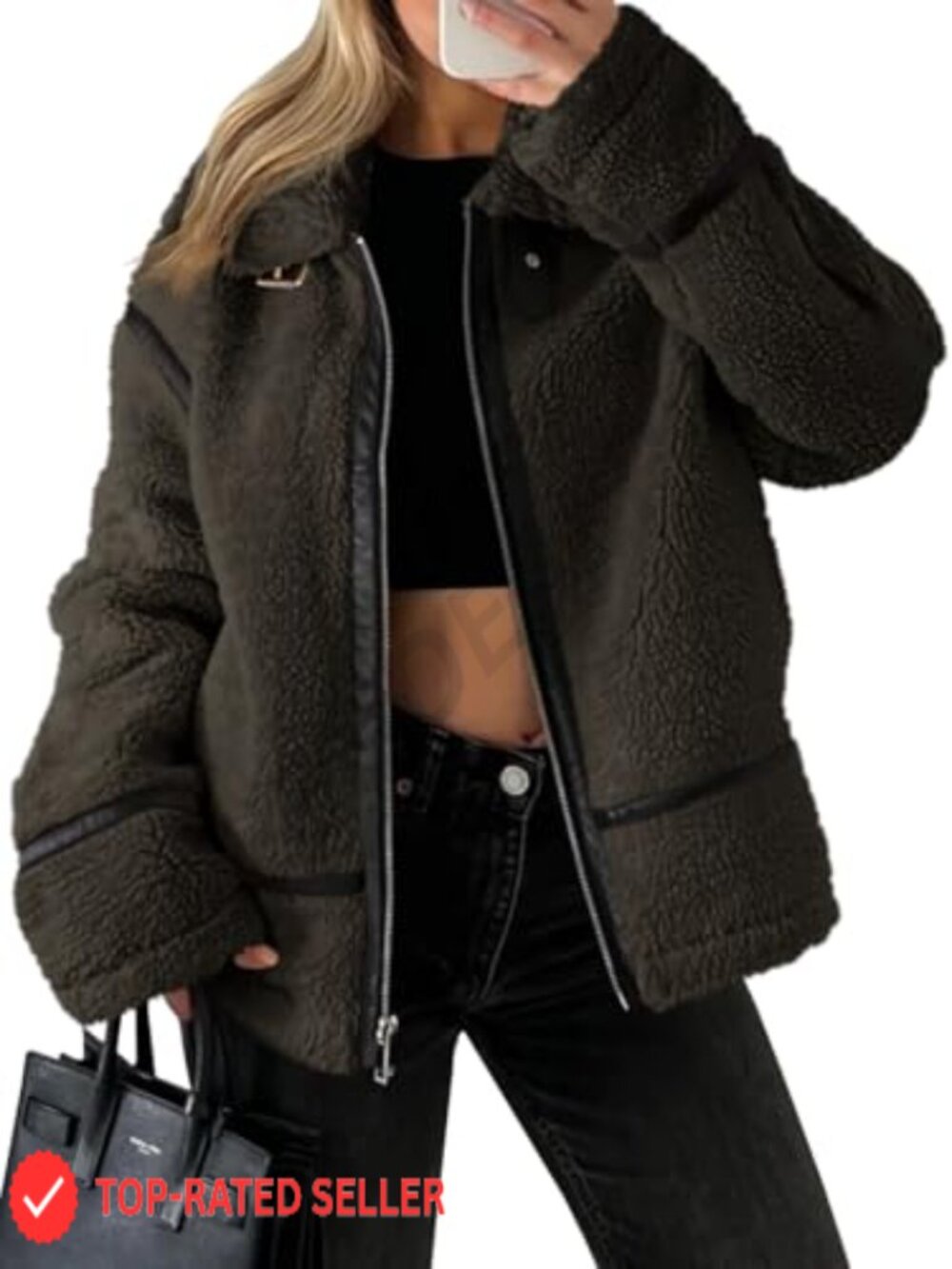 Tankaneo Womens Faux Fur Jacket Sherpa Moto Zip Up Coat Winter Trendy